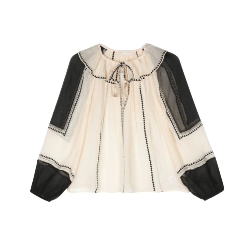 Ulla Johnson Cream and Black Peasant Blouse